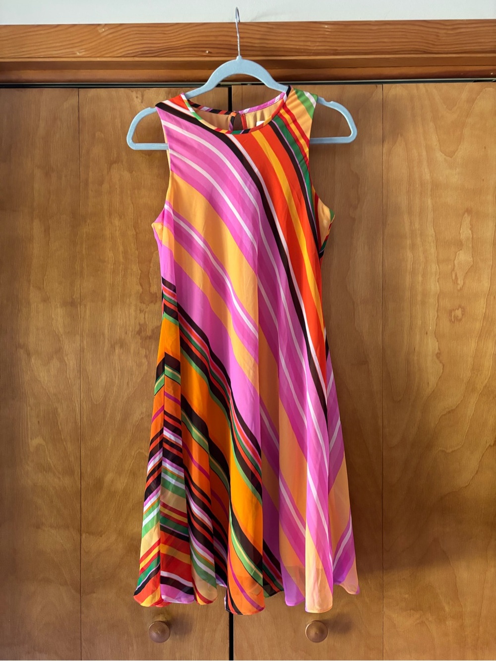 Calvin Klein Sleeveless A-Line Midi Dress in Pink, Orange & Green Stripes